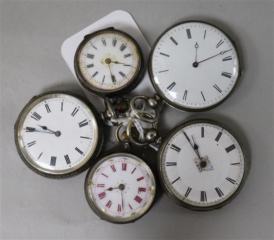 Four assorted silver fob watches and a white metal fob watch.